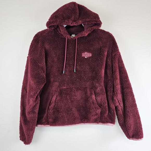 NIKE SPORTSWEAR PLUSH FAUX FUR HOODIE Women's Small Fuschia Pink Pocket SOFT - Picture 1 of 11